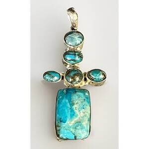 Vintage 2” Sterling Silver Turquoise Cabochon Cross Pendant 9.5g Marked 925